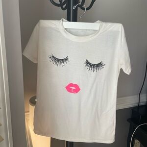 Women's White T-Shirt with Eyelash and Lip Print